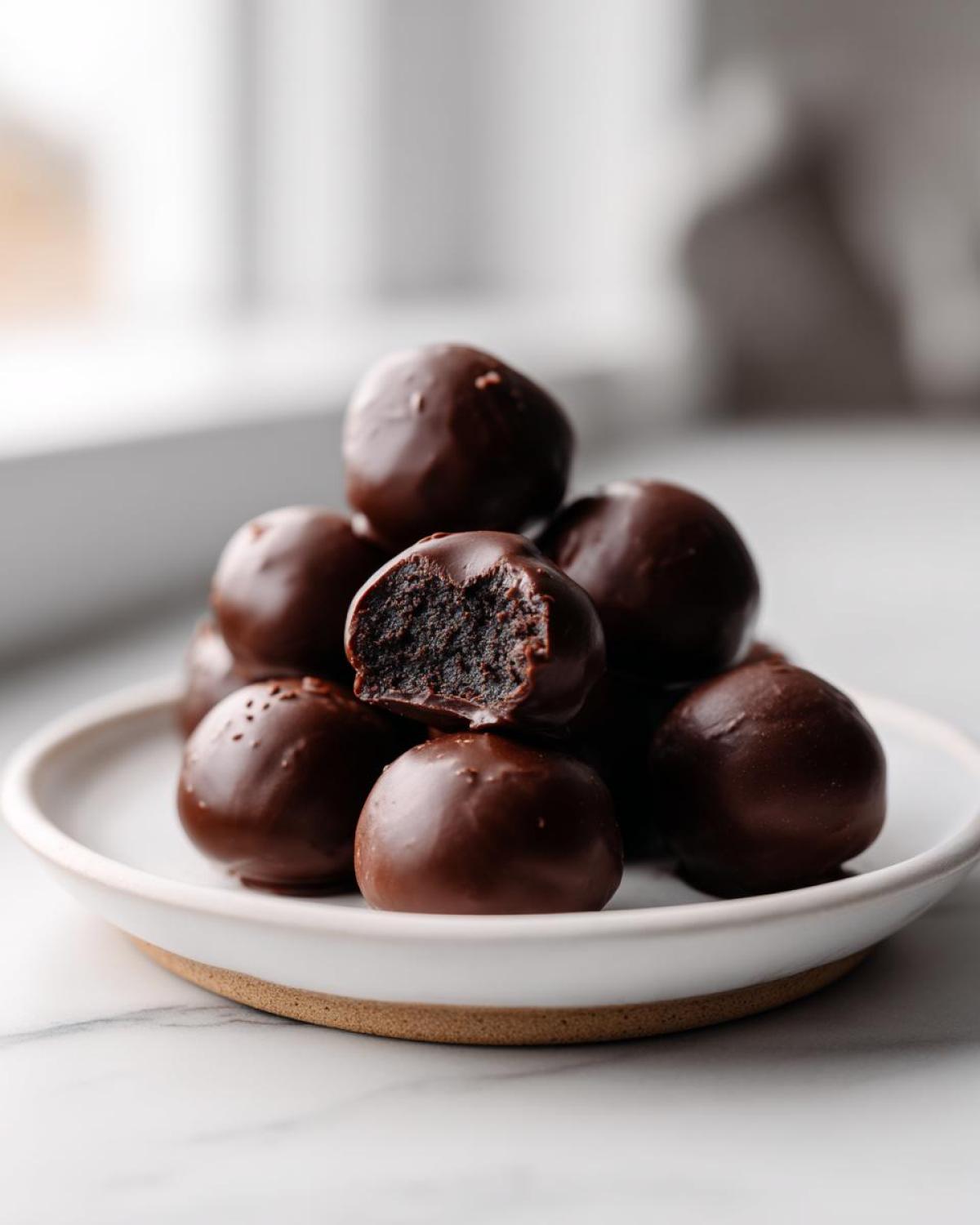 A stack of rich, chocolate-covered Oreo balls on a white plate, with one showing a bite taken out to reveal the dark filling.