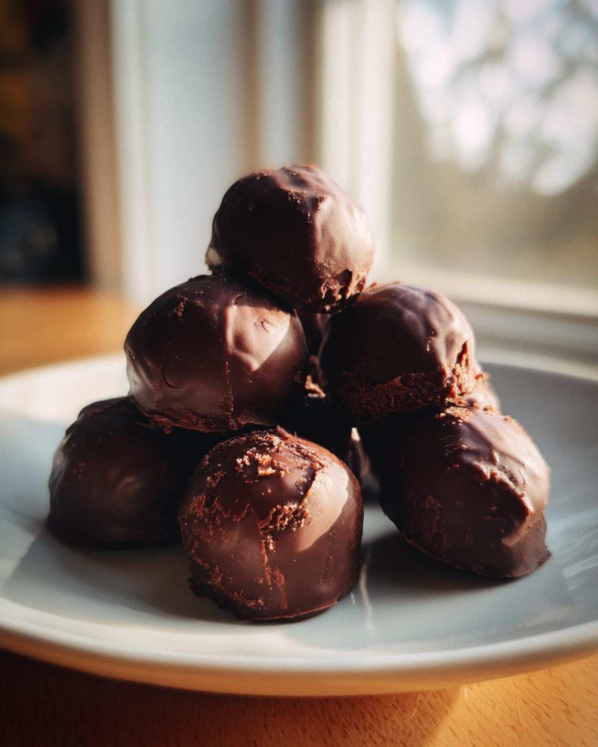 A stack of homemade chocolate-dipped Oreo balls resting on a white plate, beautifully lit by natural light.
