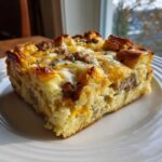 A golden-brown slice of Christmas breakfast casserole with sausage, melted cheese, and bread cubes on a white plate.
