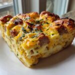A thick, golden slice of Christmas breakfast casserole featuring sausage, eggs, and cheese on a white plate.