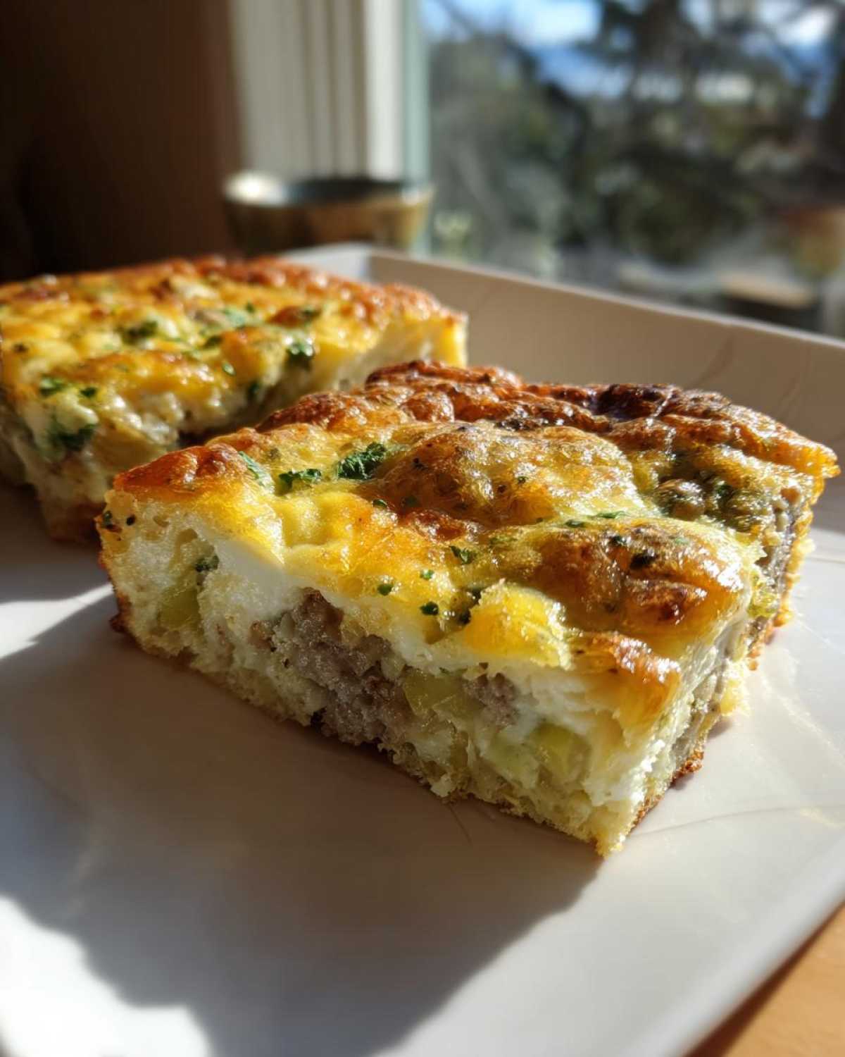 Close-up of a golden-brown slice of christmas breakfast casserole showing layers of egg, sausage, and cheese.