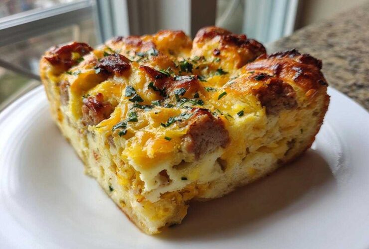 A thick, golden slice of Christmas breakfast casserole featuring sausage, eggs, and cheese on a white plate.