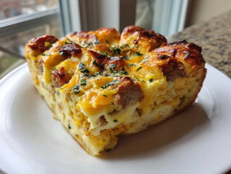 A thick, golden slice of Christmas breakfast casserole featuring sausage, eggs, and cheese on a white plate.