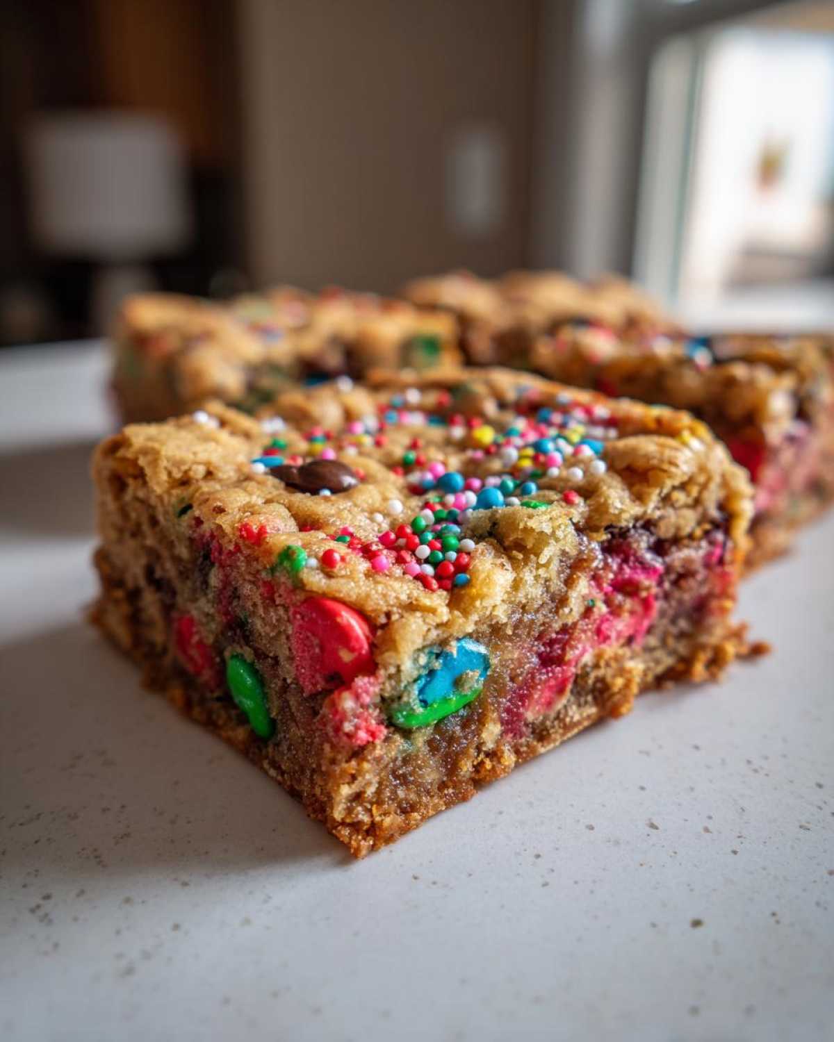 A close-up of a thick, chewy slice of christmas cookie bars loaded with colorful candies and sprinkles.