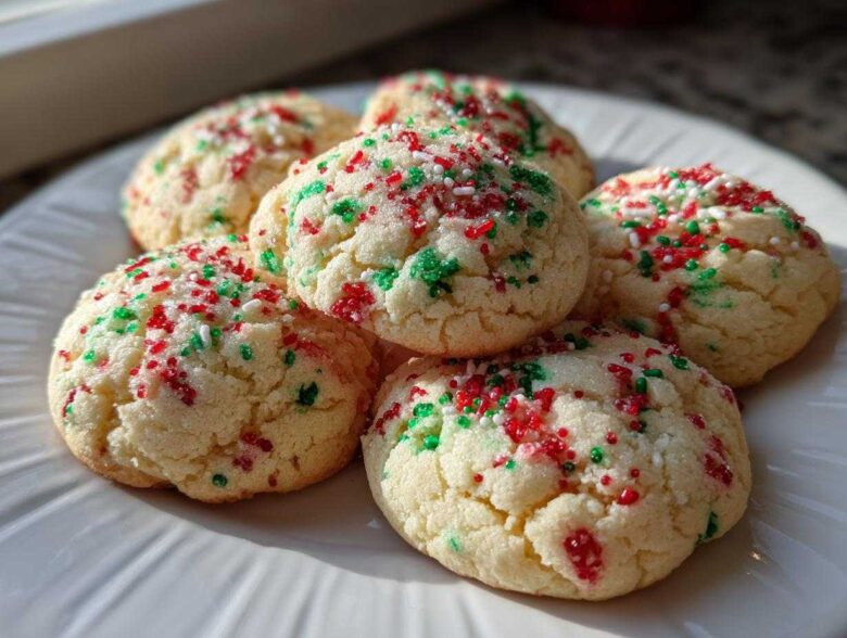 A close-up of five soft, round christmas sprinkle sugar cookies topped with red and green holiday sprinkles on a white plate.
