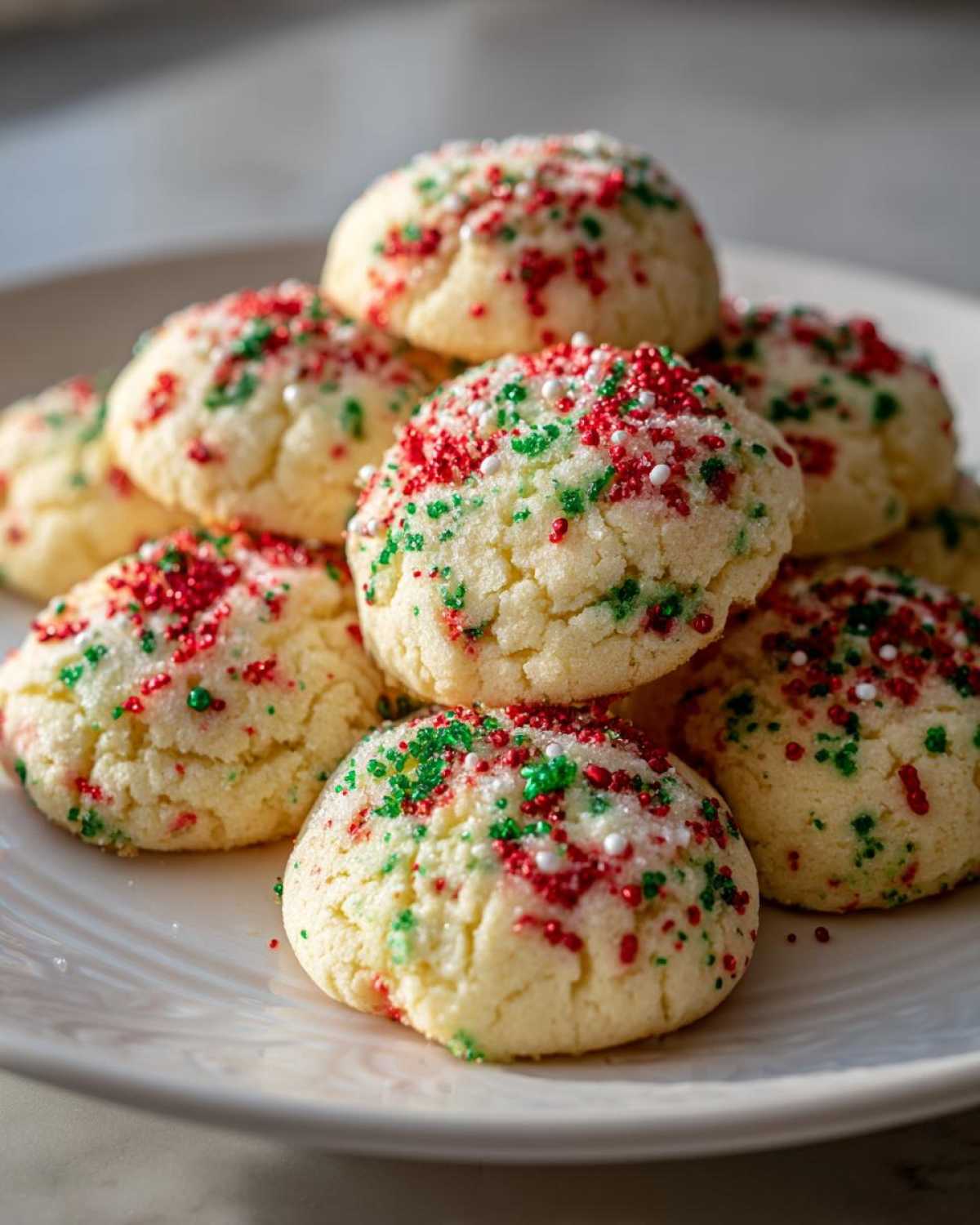 Close-up of soft, round christmas sprinkle sugar cookies topped with red, green, and white sprinkles.