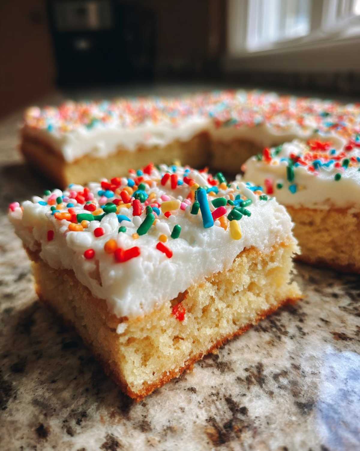 A thick square slice of Christmas sugar cookie bars topped with white frosting and colorful sprinkles.