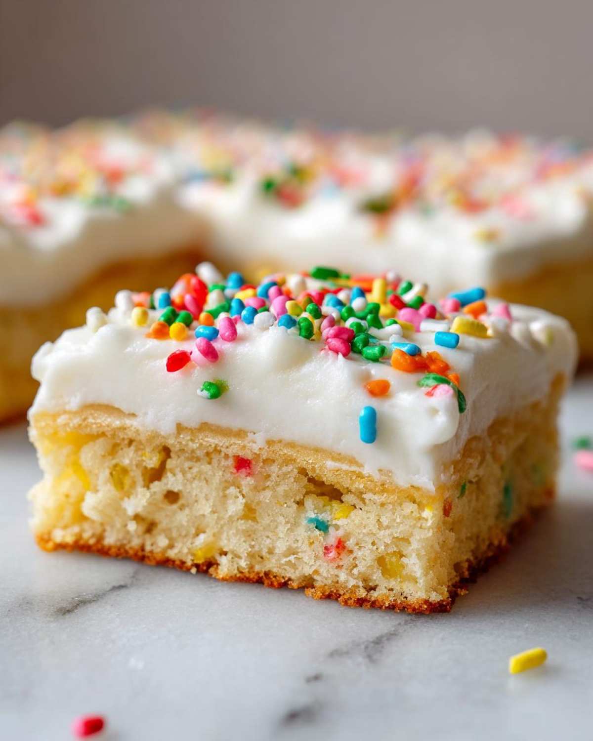 A close-up of a single serving of Christmas sugar cookie bars topped with thick white frosting and colorful sprinkles.