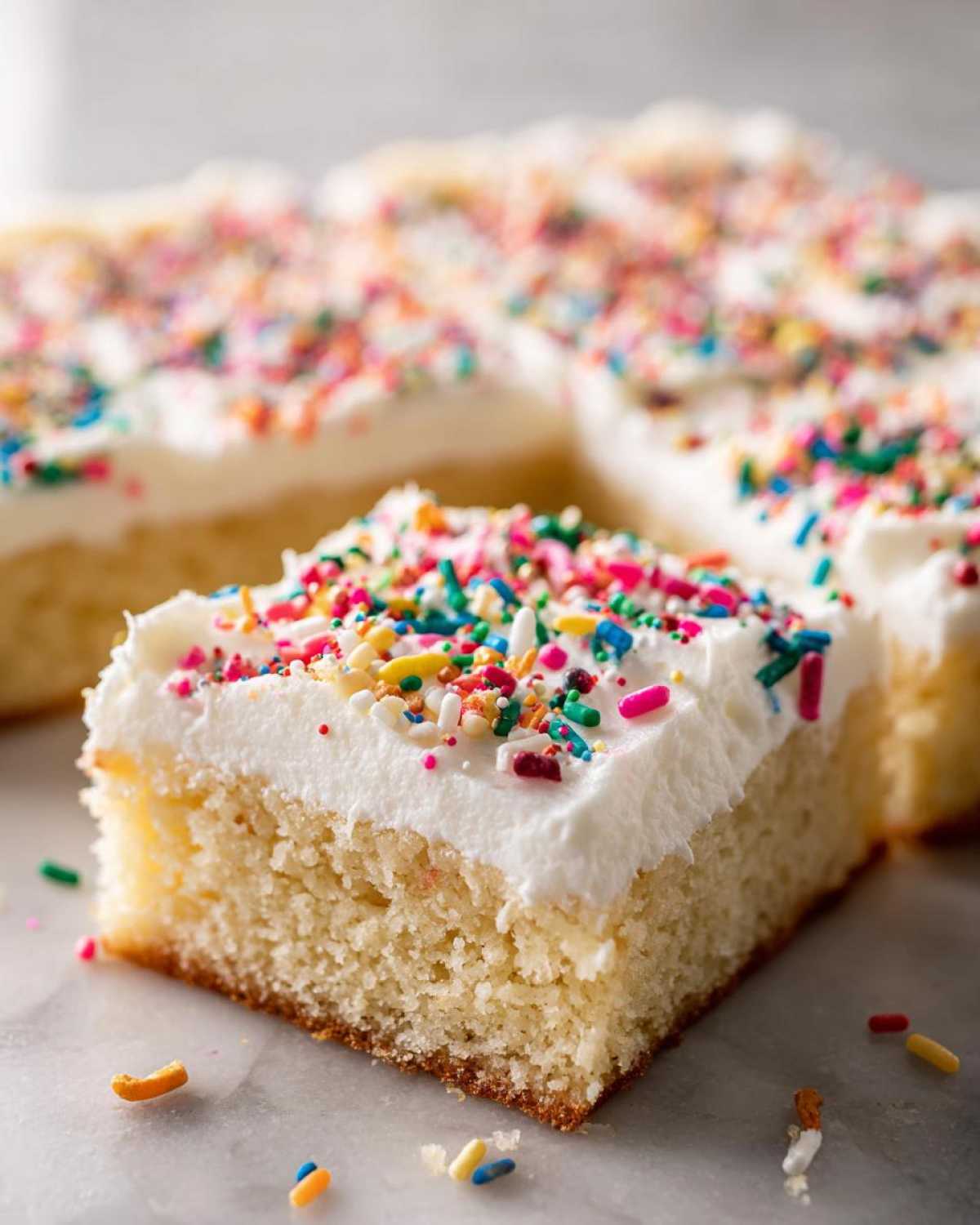 A square slice of fluffy Christmas sugar cookie bars topped with thick white frosting and colorful sprinkles.