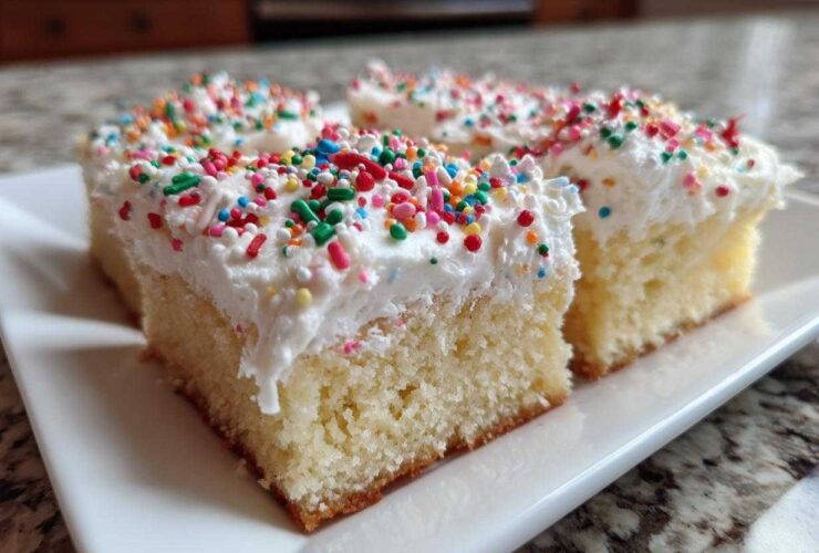 Close-up of four squares of fluffy Christmas sugar cookie bars topped with white frosting and colorful sprinkles.