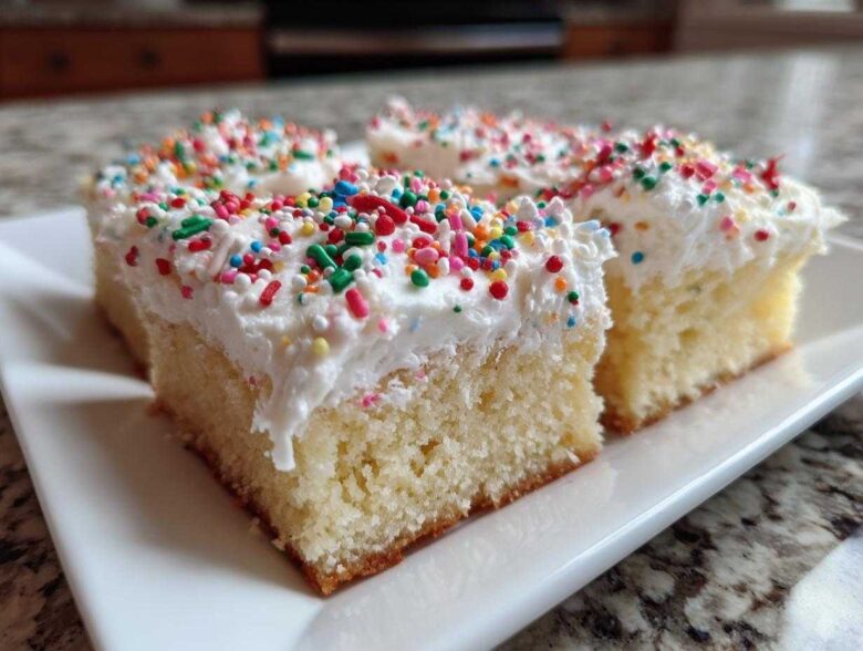 Close-up of four squares of fluffy Christmas sugar cookie bars topped with white frosting and colorful sprinkles.
