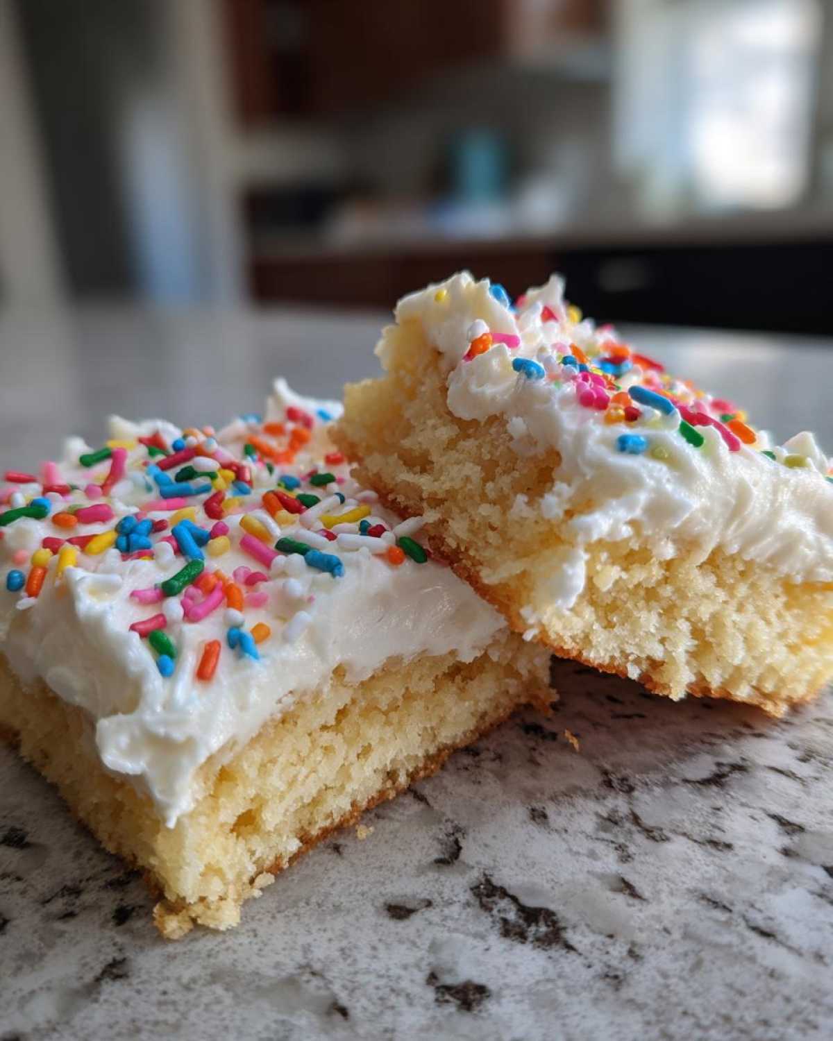Two squares of moist Christmas sugar cookie bars topped with thick white frosting and colorful rainbow sprinkles.