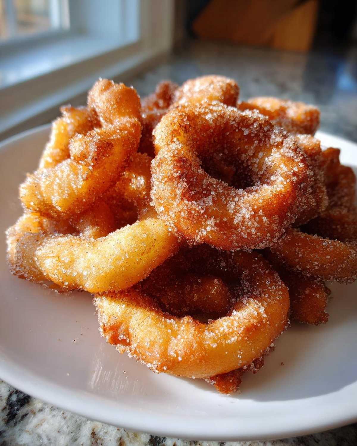 A close-up of freshly fried buñuelos generously coated in cinnamon sugar, piled on a white plate.