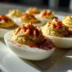 Close-up of several classic deviled eggs garnished with paprika on a white serving platter.