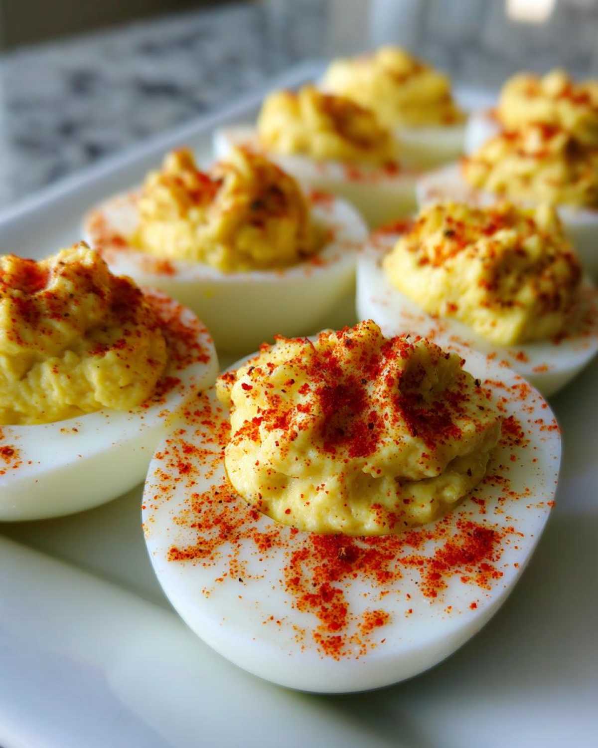 Close-up of several classic deviled eggs garnished generously with bright red paprika on a white platter.