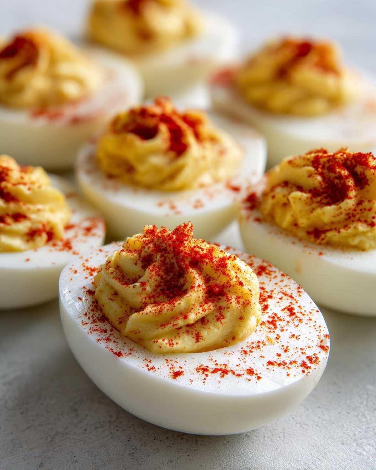 Close-up of piped classic deviled eggs topped generously with bright red paprika.