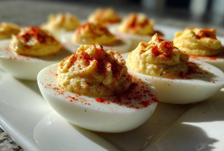 Close-up of several classic deviled eggs garnished with paprika on a white serving platter.