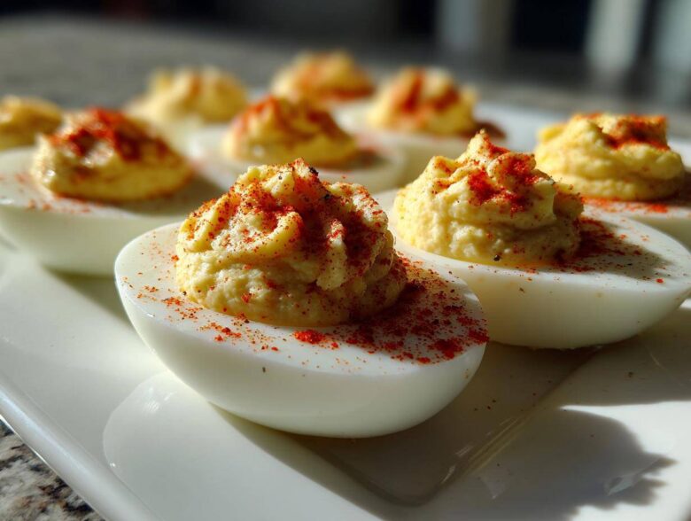 Close-up of several classic deviled eggs garnished with paprika on a white serving platter.