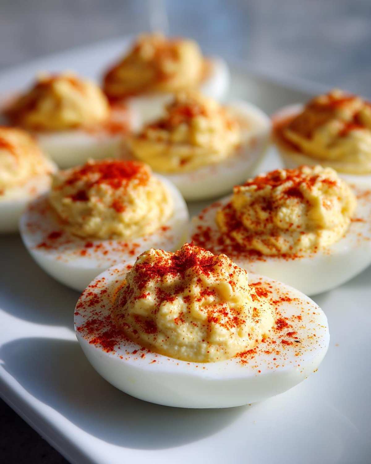 Close-up of creamy classic deviled eggs halves topped generously with bright red paprika on a white plate.