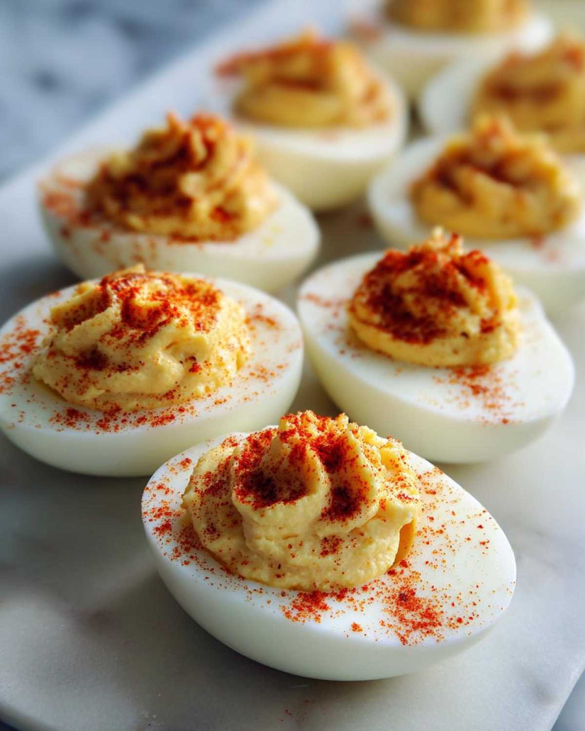 Close-up of several classic deviled eggs, featuring piped yolk filling dusted generously with paprika.