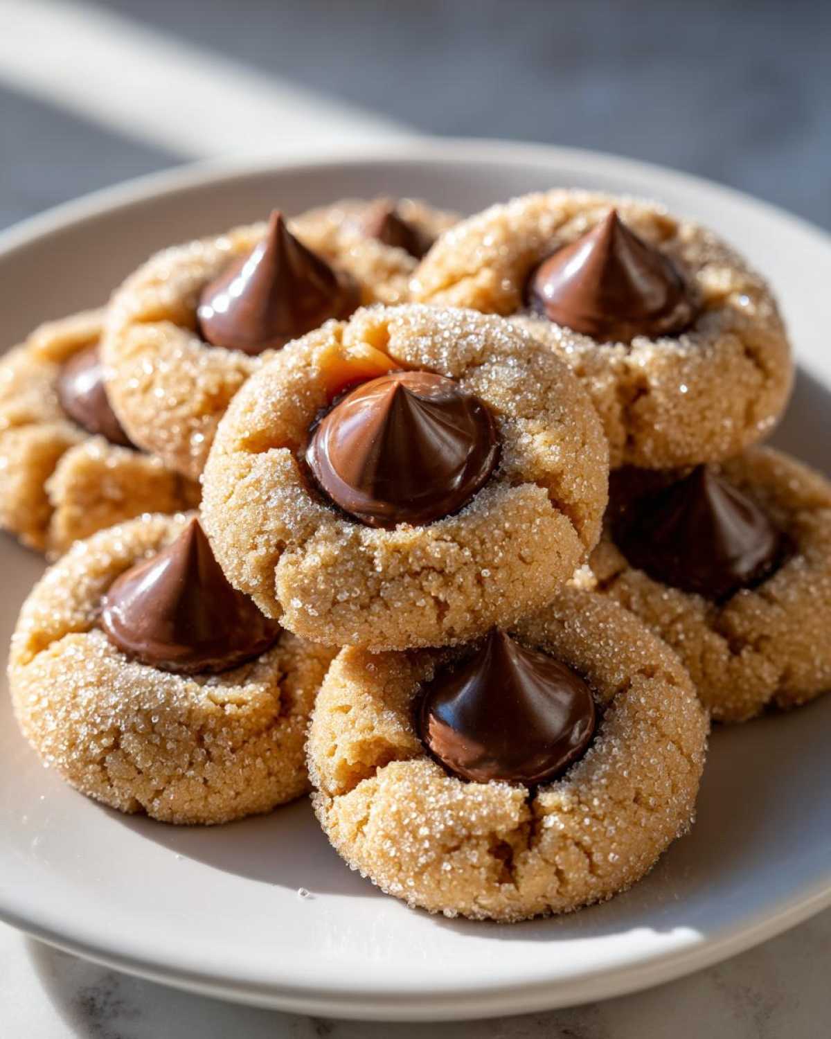 A stack of freshly baked peanut butter blossom cookies coated in sugar, each topped with a chocolate kiss.