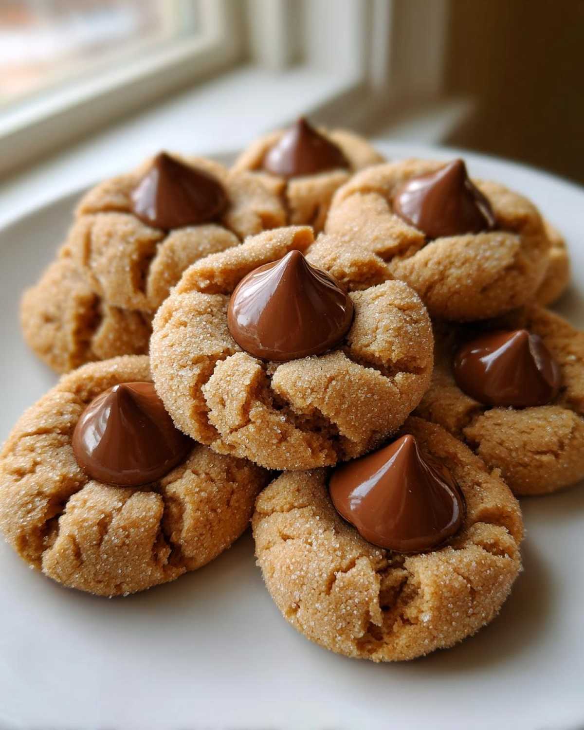 A stack of freshly baked peanut butter blossom cookies topped with a milk chocolate kiss.