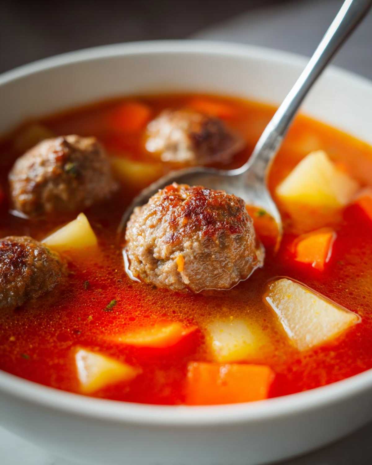 Close-up of a spoonful lifting a browned meatball from a bowl of bright red albondigas soup with potatoes and carrots.