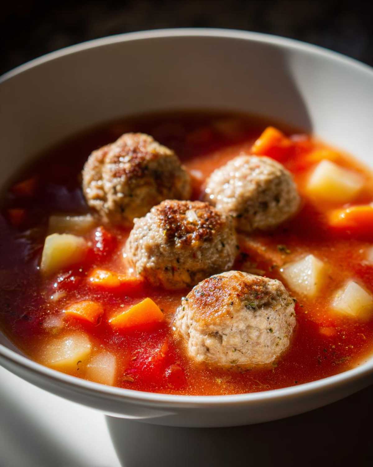 Close-up of a white bowl filled with rich tomato broth, chunks of potatoes and carrots, and four browned meatballs in this amazing albondigas soup.