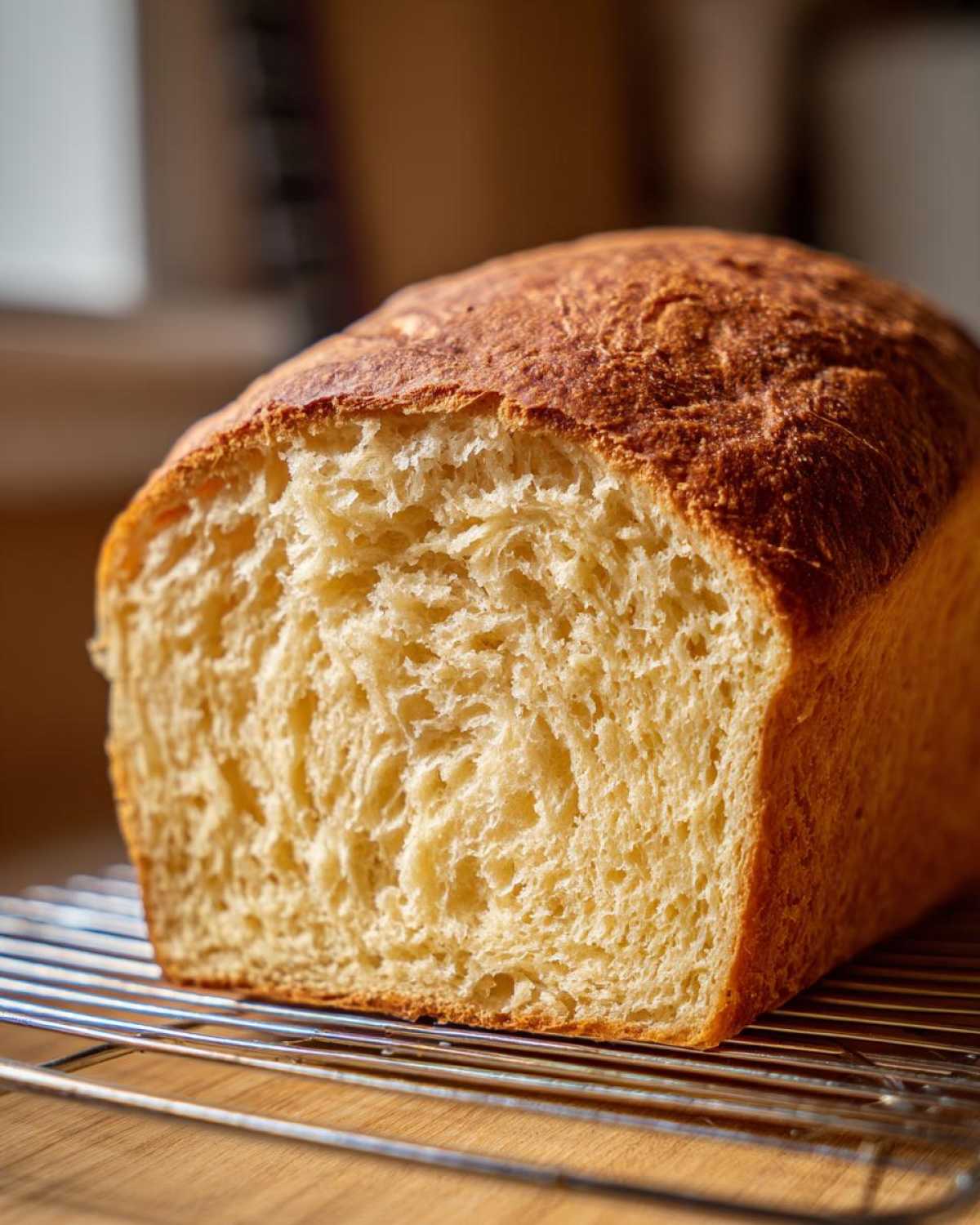 Close-up of a freshly baked loaf of condensed milk bread showing its soft, fluffy interior and golden-brown crust.