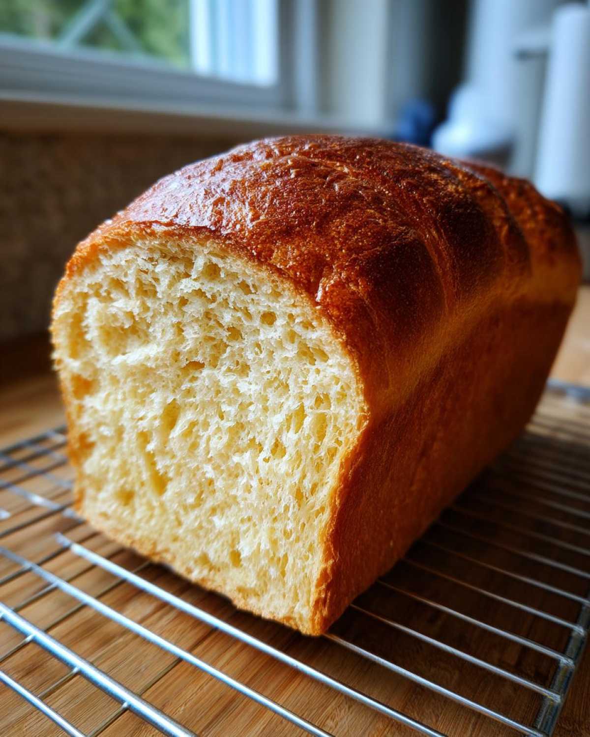 A freshly baked loaf of soft, golden condensed milk bread cooling on a wire rack.