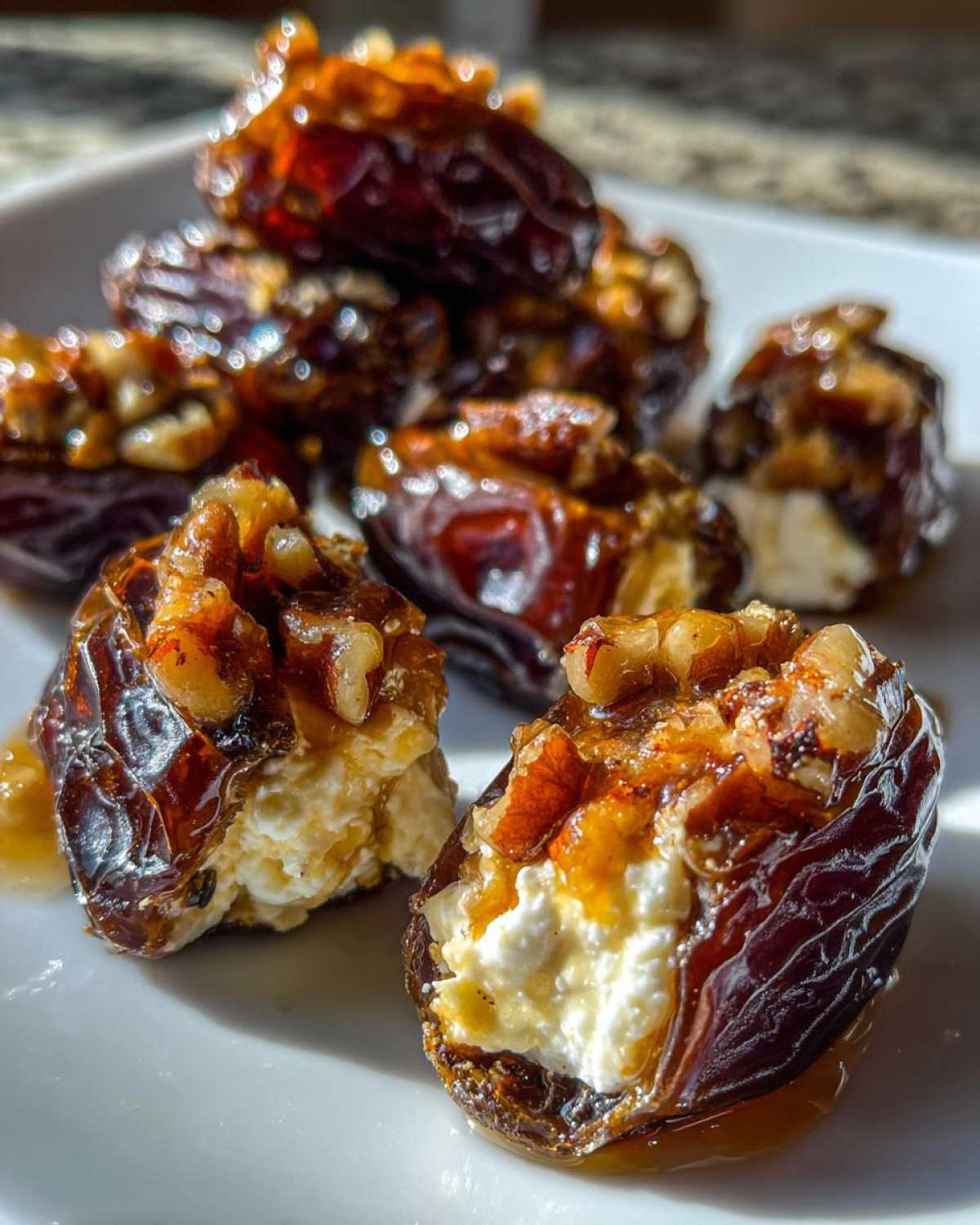 Close-up of cream cheese stuffed dates topped with walnuts and drizzled with honey, perfect party bites.