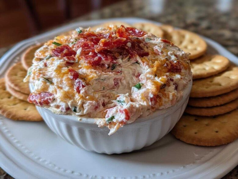 A white bowl filled with creamy, cheesy hoagie dip topped with bacon bits, served with round crackers.