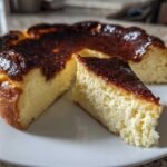 A slice of creamy Basque cheesecake with a dark, caramelized top resting next to the whole Basque cheesecake.