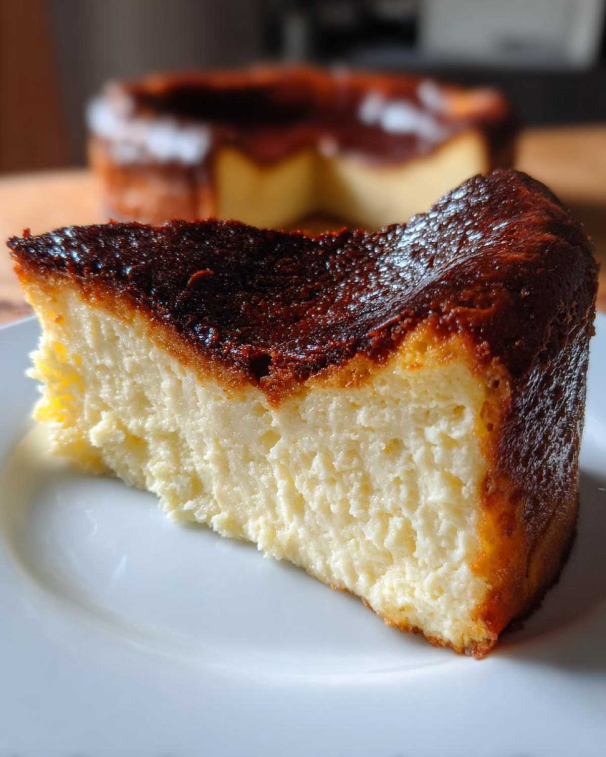 A close-up slice of creamy Basque cheesecake showing its signature dark, caramelized top.