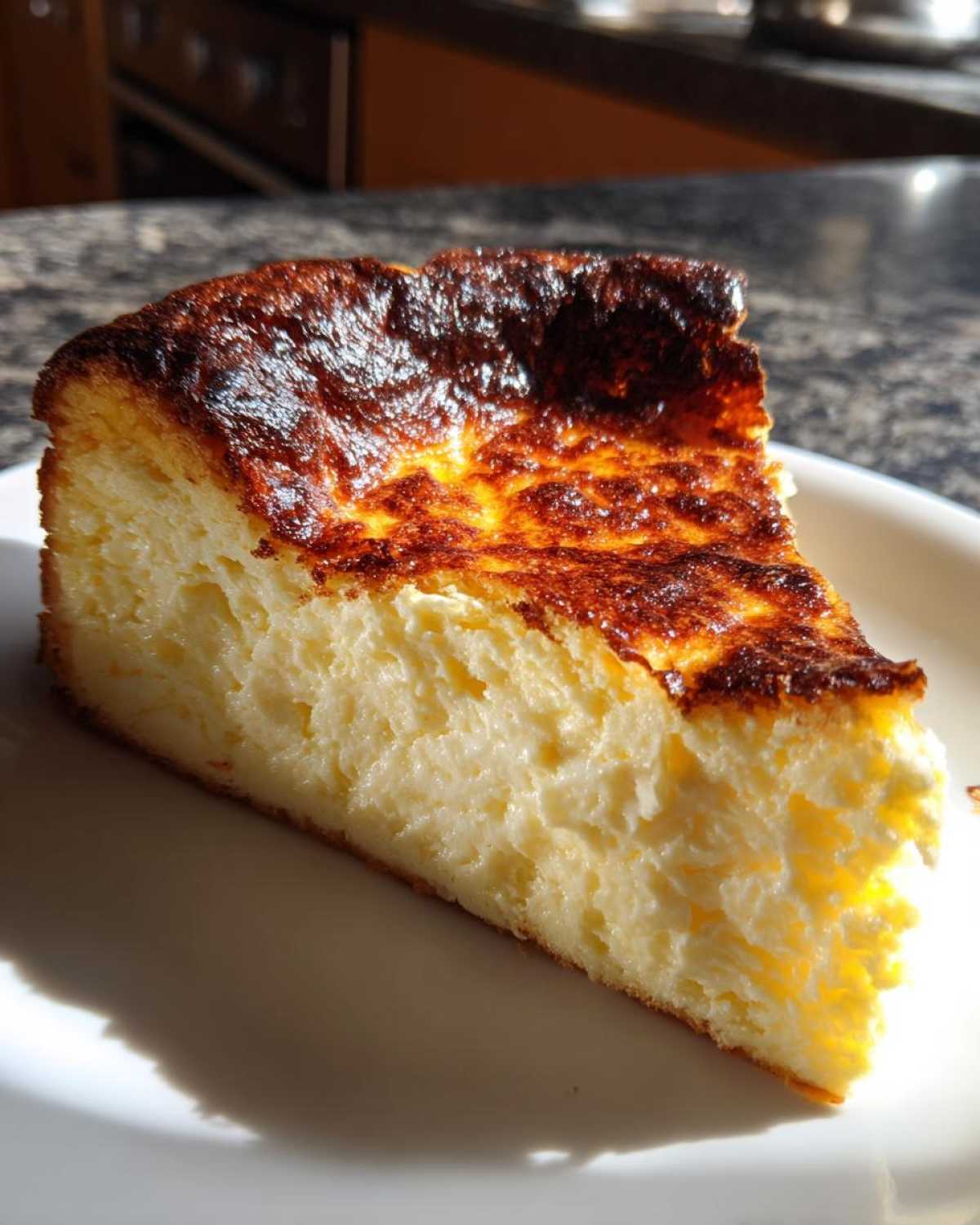 A close-up slice of creamy Basque cheesecake showing its signature dark, caramelized top and soft interior.