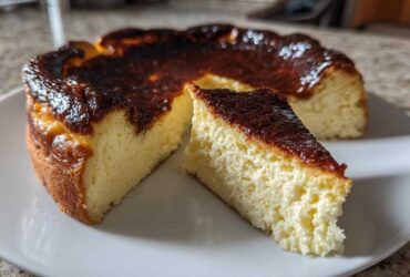 A slice of creamy Basque cheesecake with a dark, caramelized top resting next to the whole Basque cheesecake.