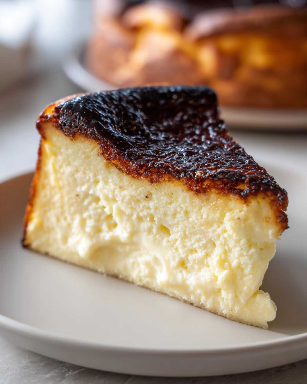 Close-up of a creamy slice of Basque cheesecake showing its signature dark, caramelized top.