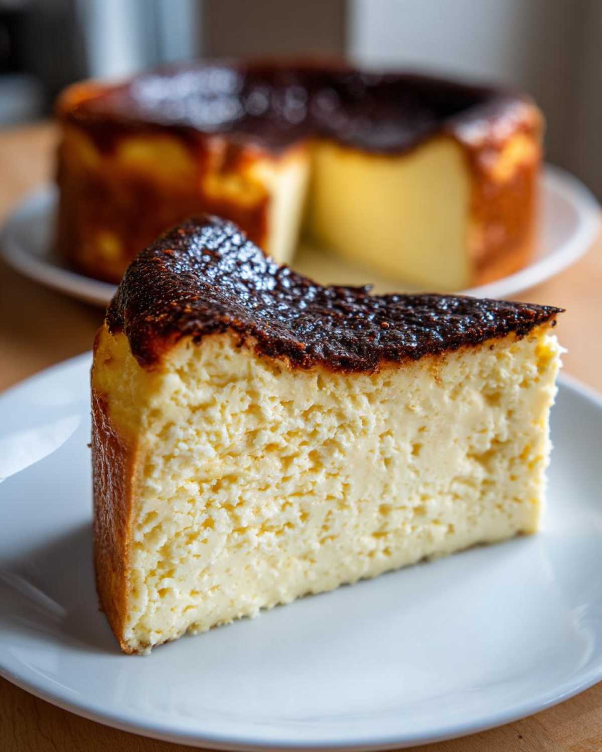 A close-up slice of creamy Basque cheesecake featuring a deeply caramelized, burnt top, served on a white plate.