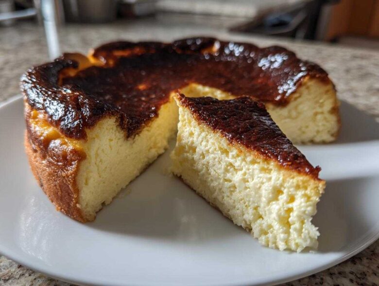 A slice of creamy Basque cheesecake with a dark, caramelized top resting next to the whole Basque cheesecake.