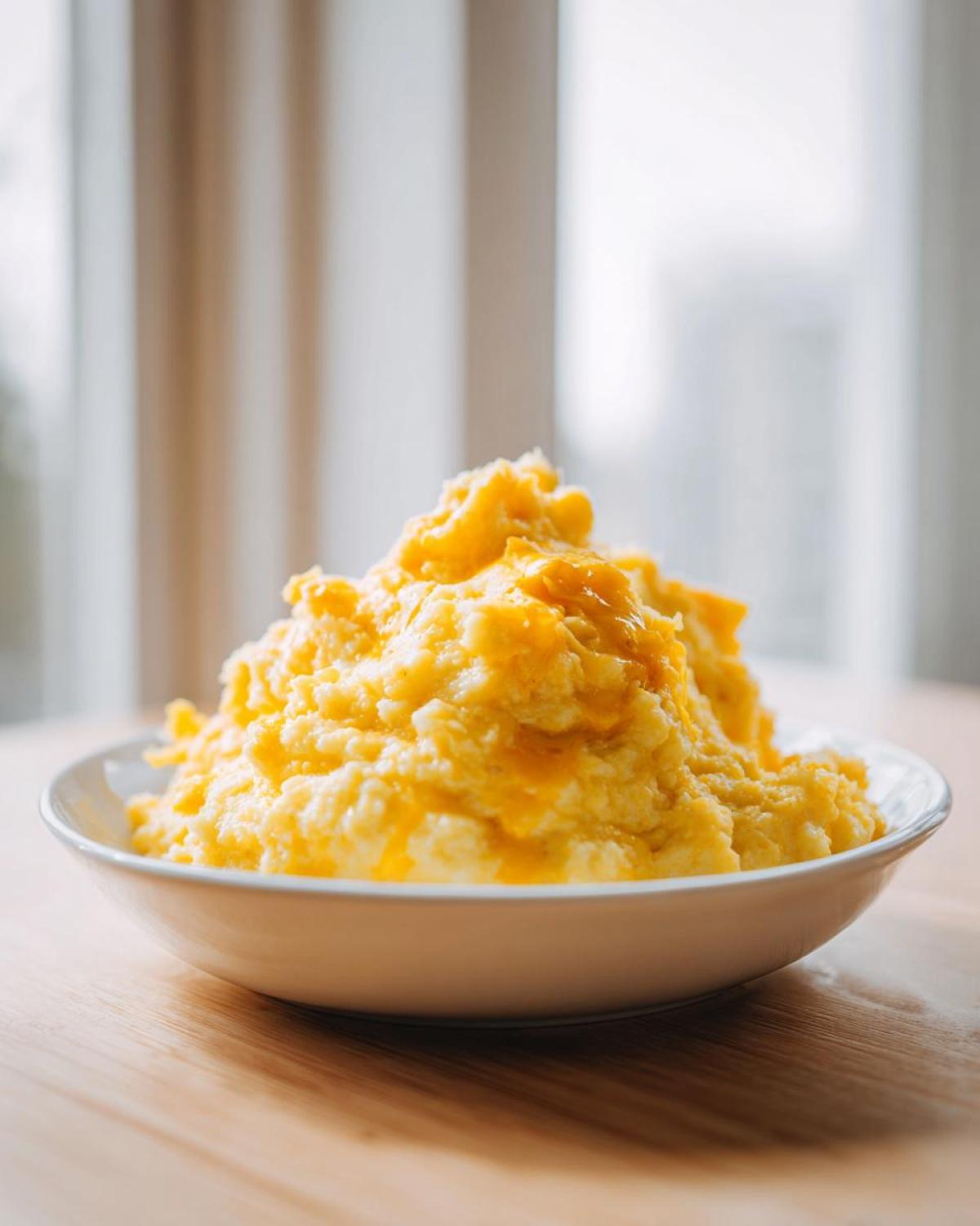 A white bowl piled high with creamy, bright yellow cheese grits sitting on a wooden table.