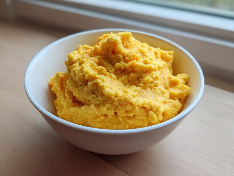 A white bowl filled with fluffy, bright yellow, creamy cheese grits sitting on a wooden surface near a window.