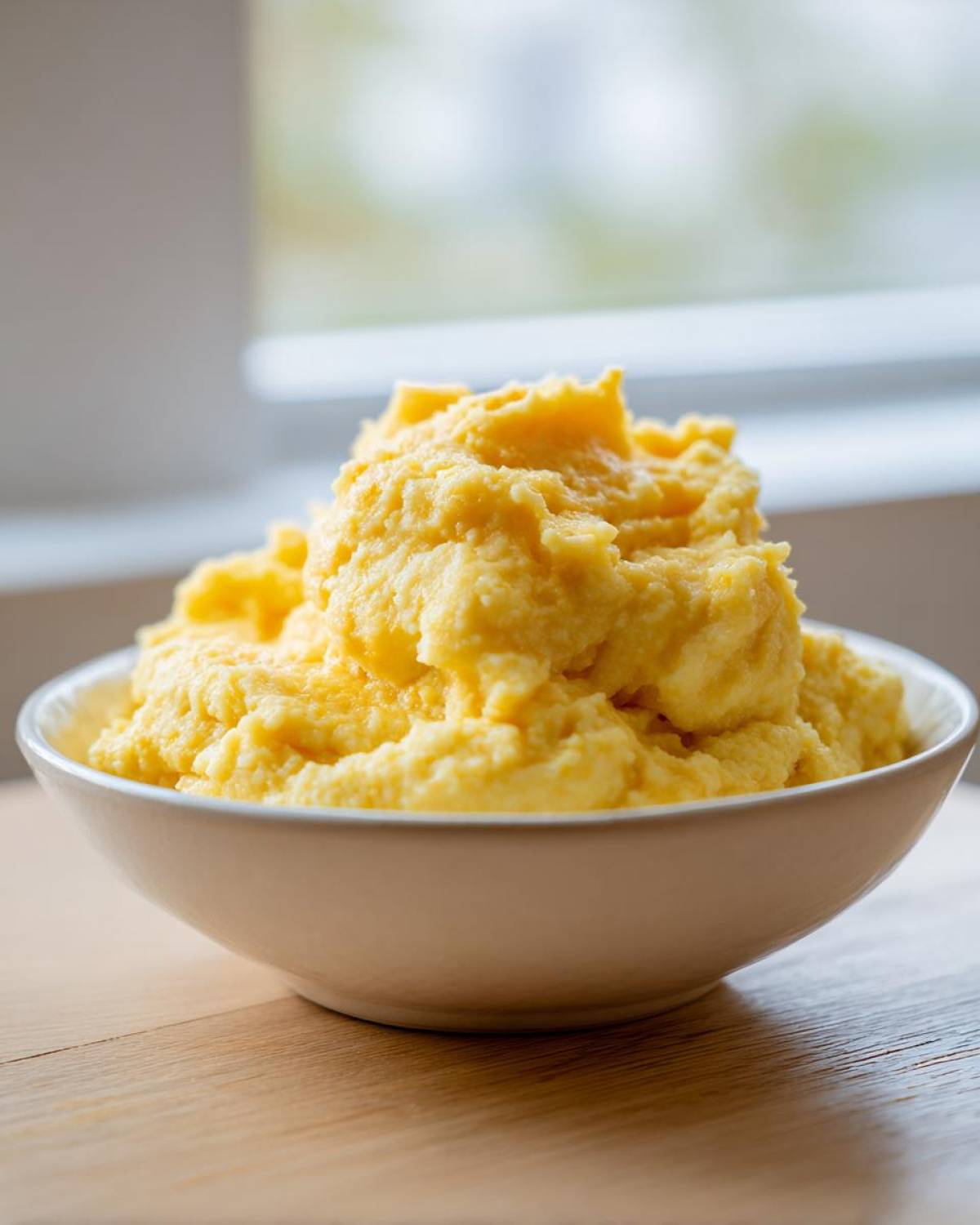 A close-up of a generous serving of bright yellow, creamy cheese grits piled high in a white bowl.