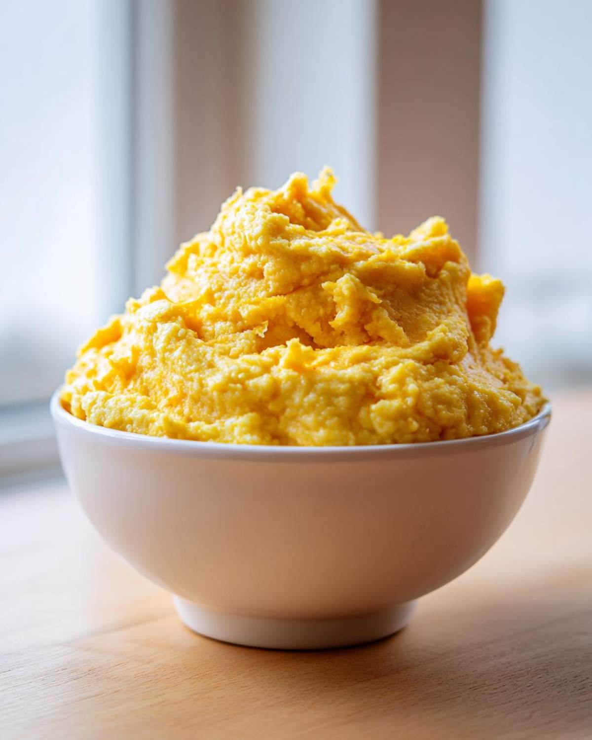 A generous mound of bright yellow, creamy cheese grits piled high in a white bowl.