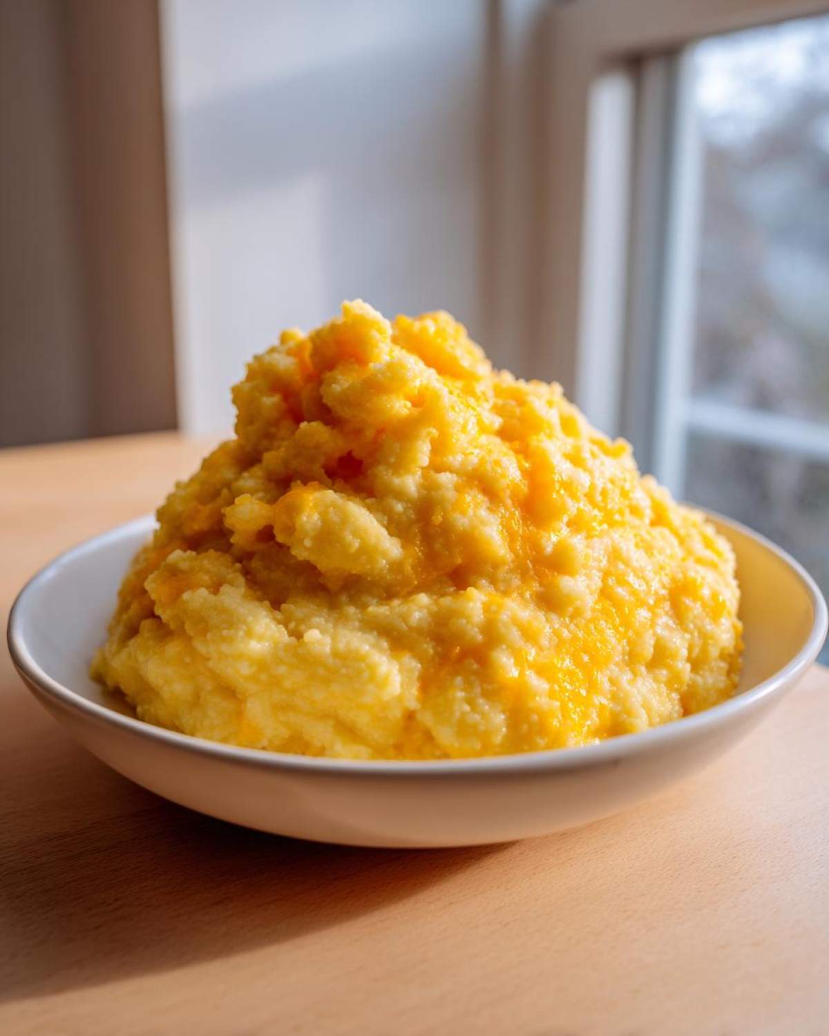 A generous serving of creamy, bright yellow cheese grits piled high in a white bowl.