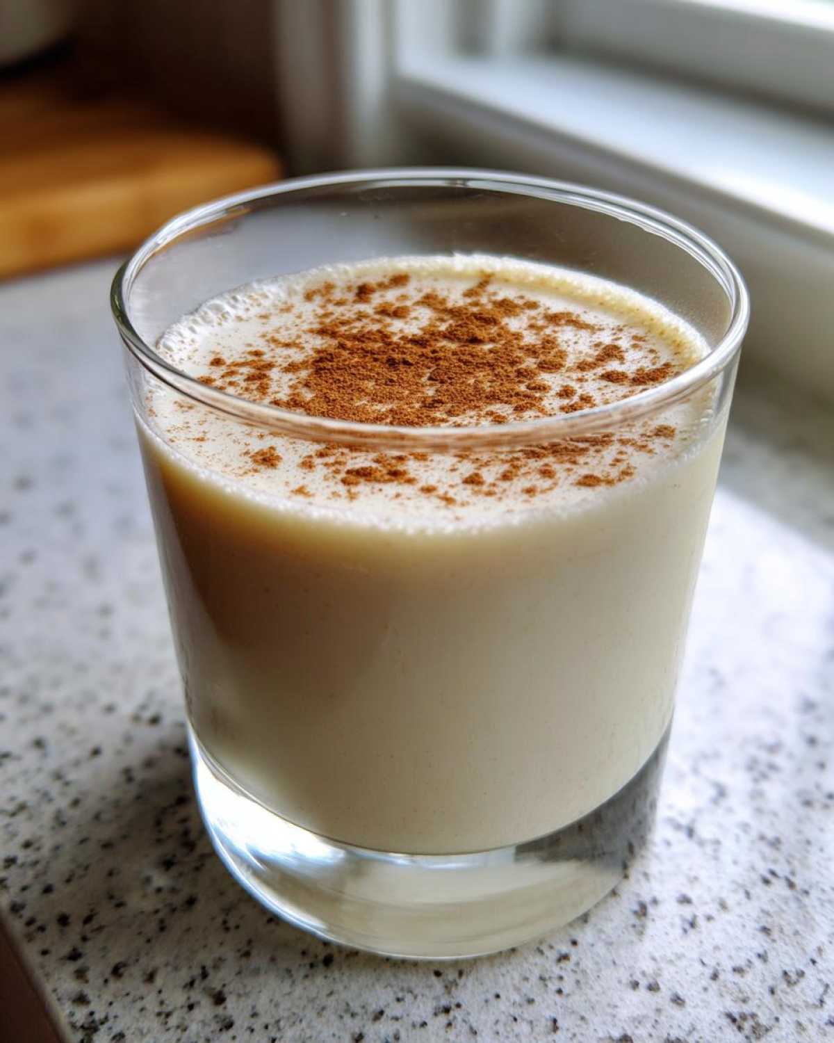 A glass filled with creamy, light-colored coquito, dusted generously with ground cinnamon on top.