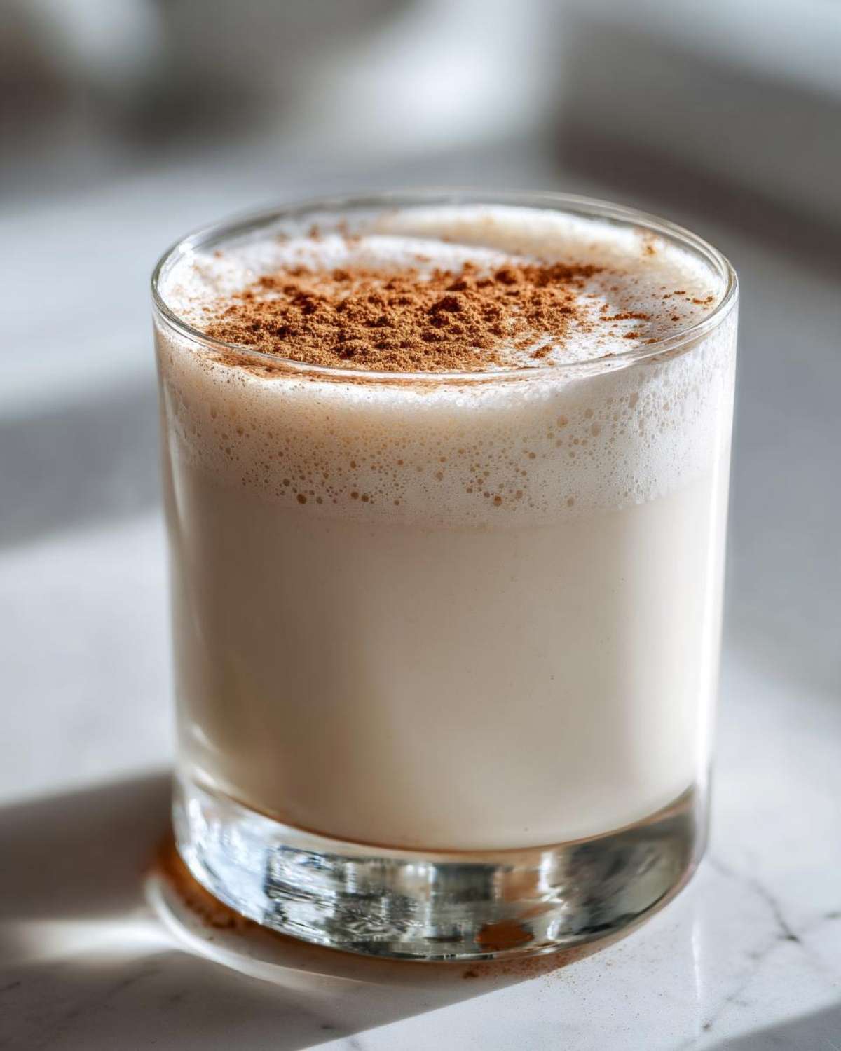 A close-up of a glass filled with creamy coquito, topped with a generous dusting of ground cinnamon.