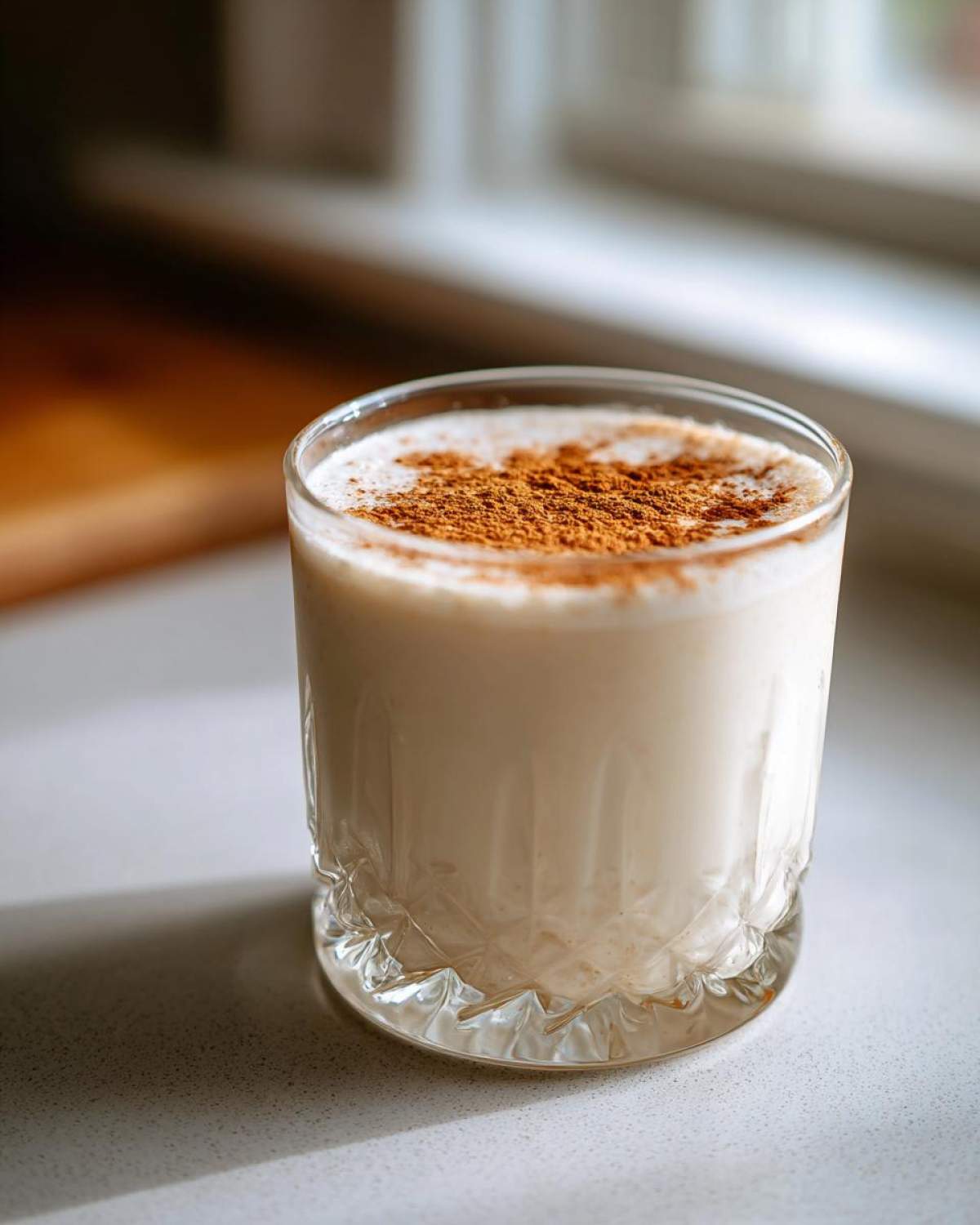 A glass of creamy, white coquito topped generously with ground cinnamon.