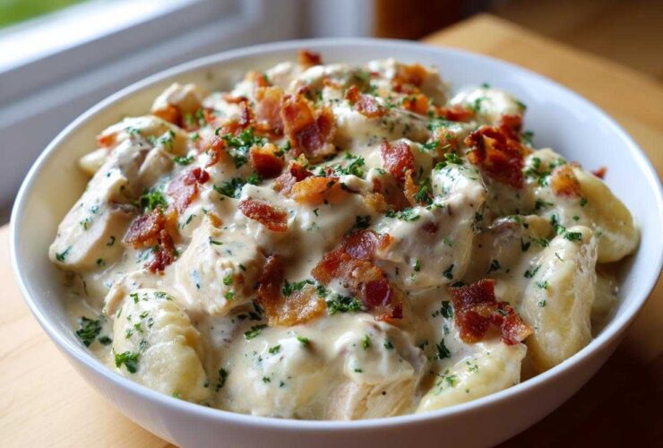 A white bowl filled with creamy crack chicken gnocchi, topped with crispy bacon bits and fresh parsley.