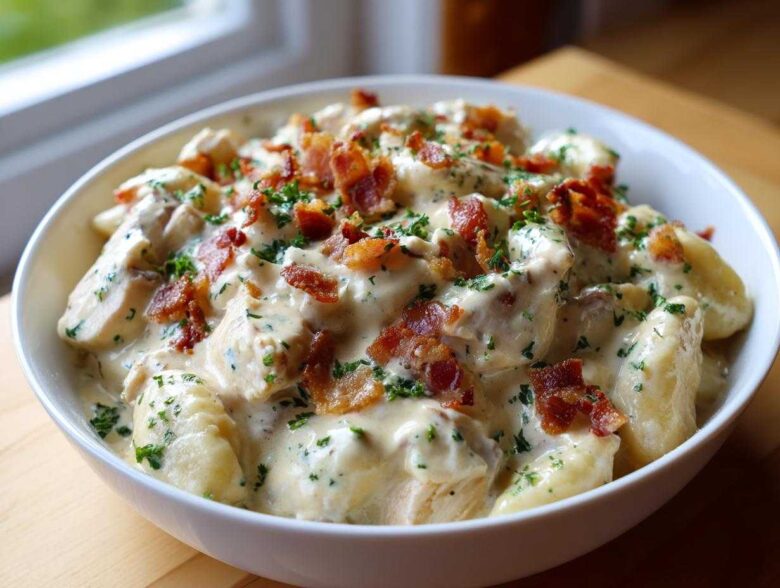 A white bowl filled with creamy crack chicken gnocchi, topped with crispy bacon bits and fresh parsley.