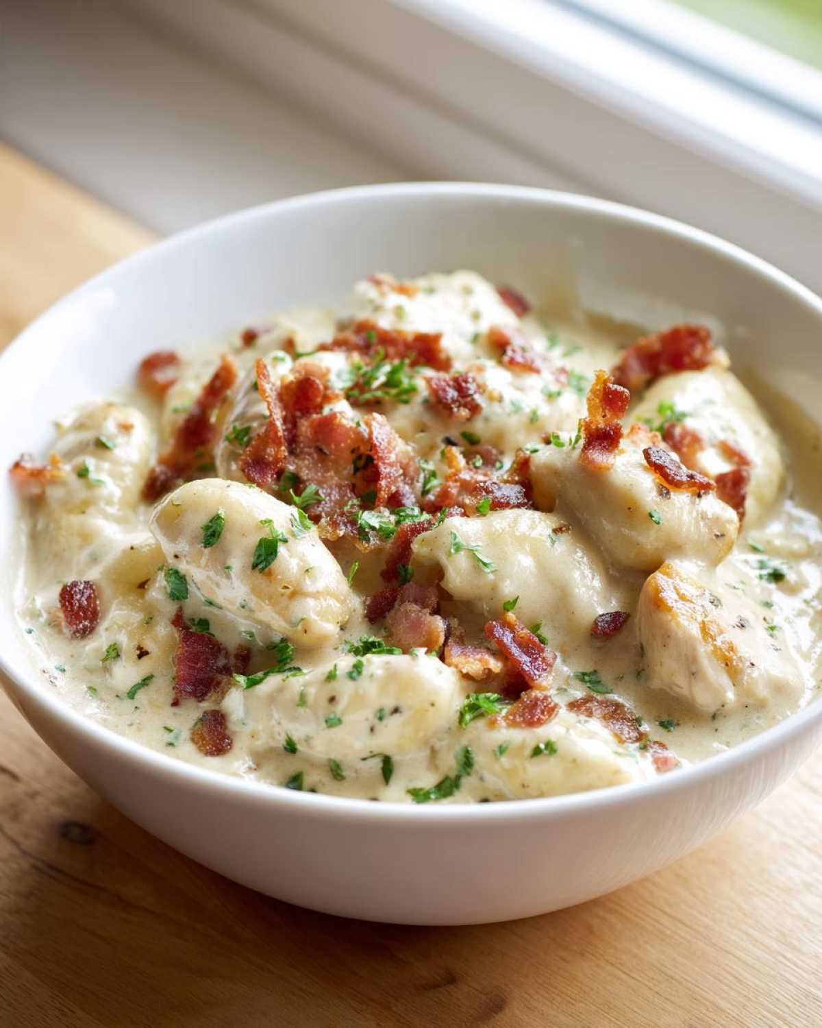 A close-up of creamy crack chicken gnocchi topped with crispy bacon bits and fresh parsley in a white bowl.